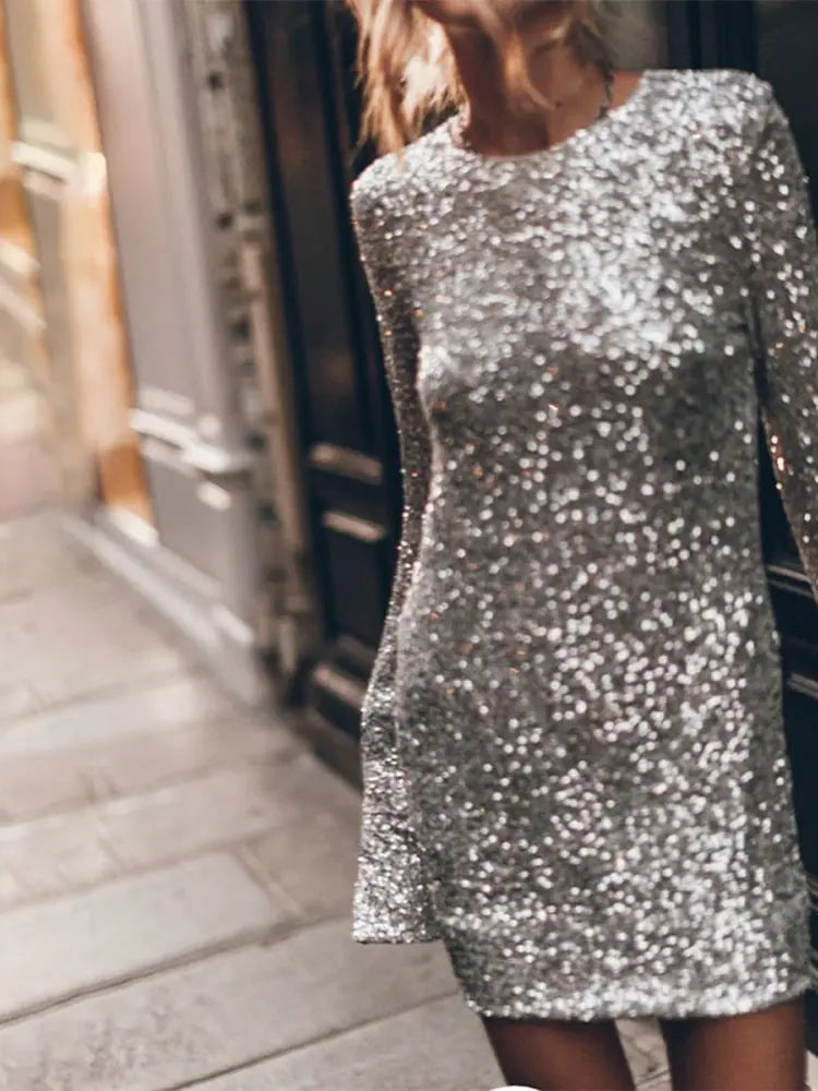 Women’s Mini Dress | Sequin Embellished & Open Back | Long Sleeve | Elegant Party Wear
