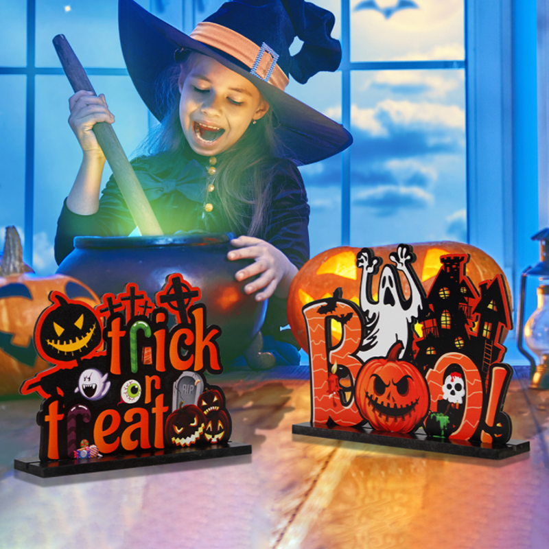 Halloween Wooden Table Decoration with Pumpkin and Spooky Motifs