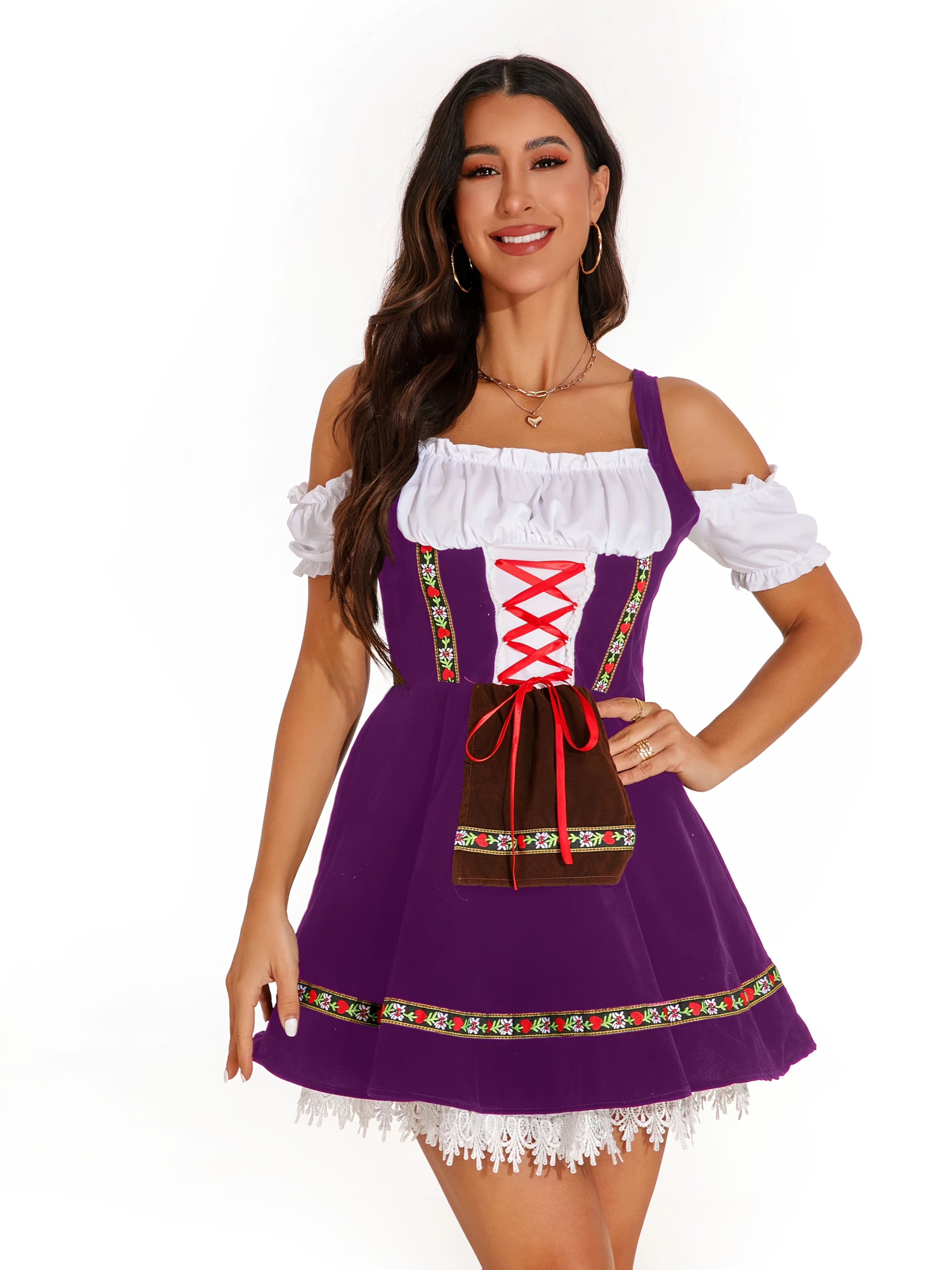 Women's Purple Bavarian Oktoberfest Dress with Floral Embroidery