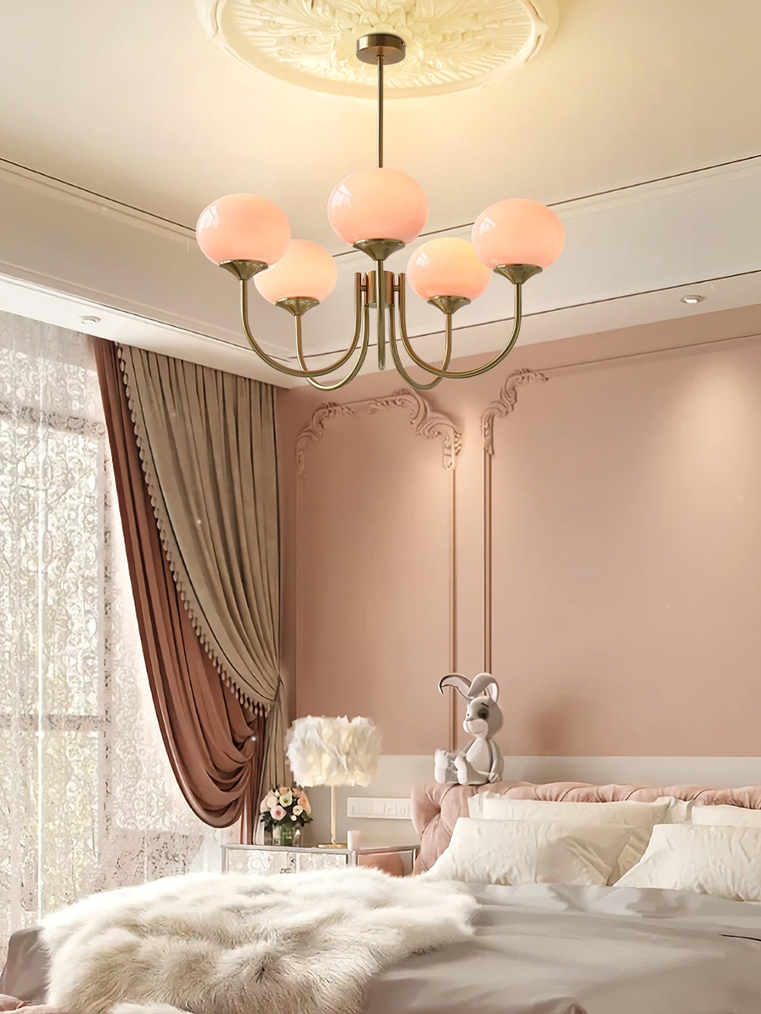 Ceiling Chandelier | Five-Arm with Glass Globe Shades | Adjustable Suspension Rods | Elegant Home Lighting