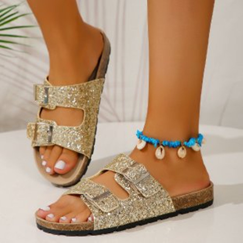 Women’s Two-Strap Buckle Sandals | Sparkling Design | Rubber Sole & PU Interior | Comfortable Fit