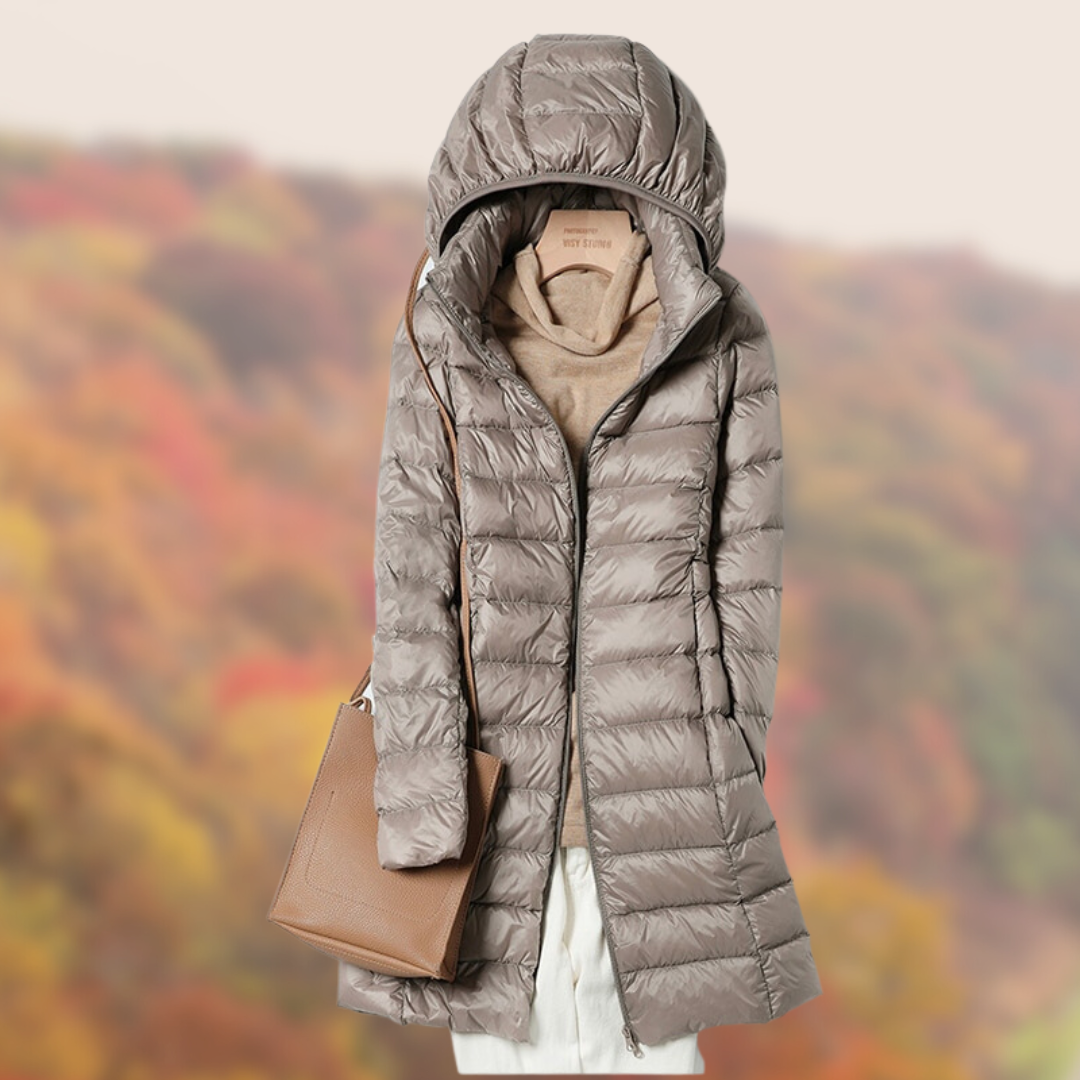 Women’s Hooded Down Coat | Ultralight Down Insulation | Longline Quilted Design | Transitional Weather