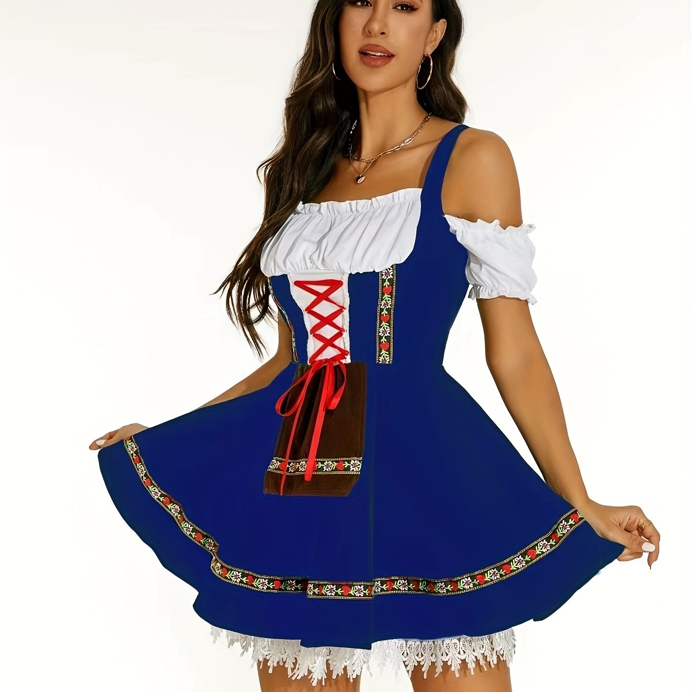 Women's Bavarian Oktoberfest Dress with Off-Shoulder Lace Trim and Floral Details