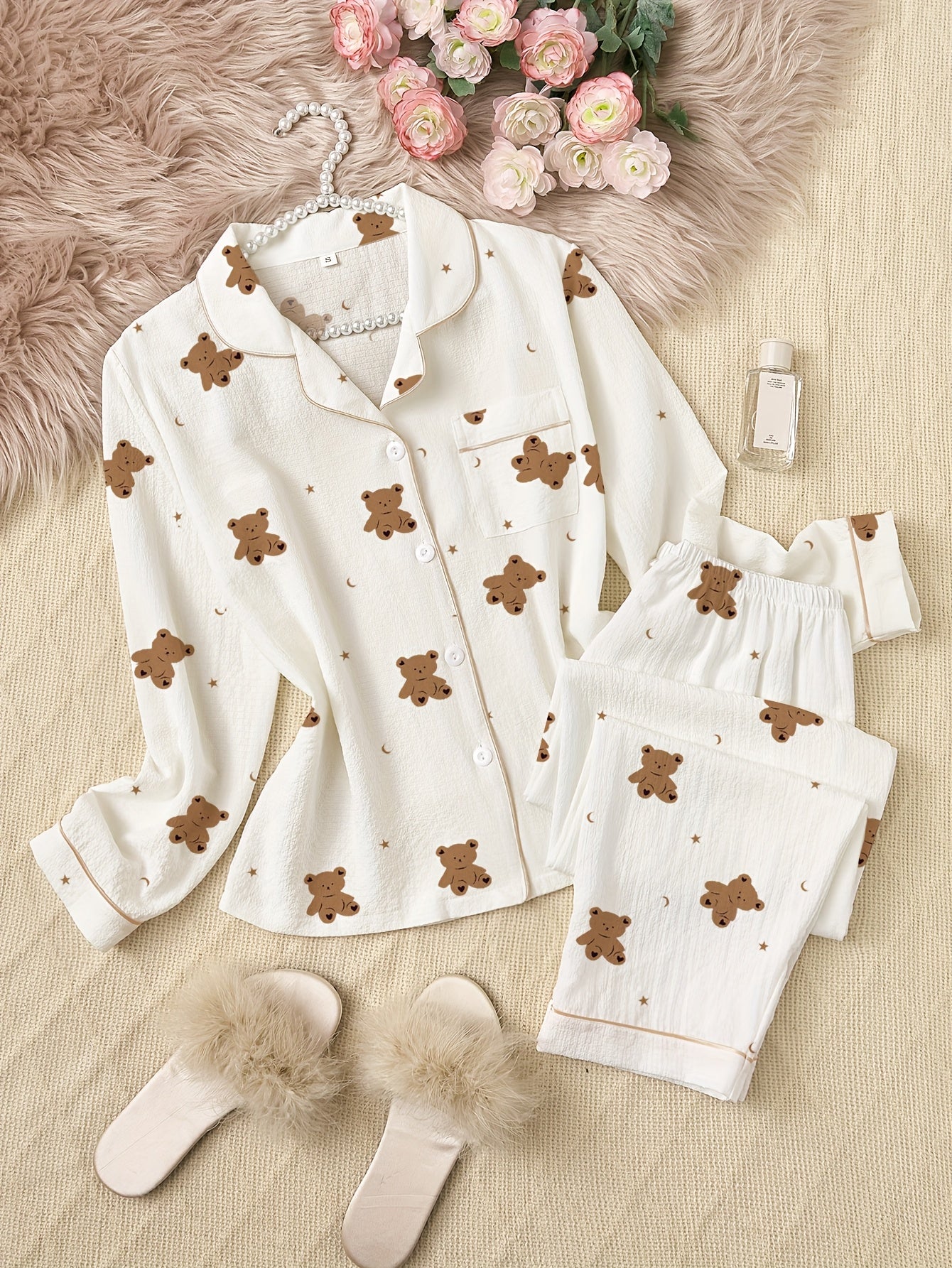 Long Sleeve Pajama Set | Cartoon Bear Print | Cozy Warm Comfort | Polyester