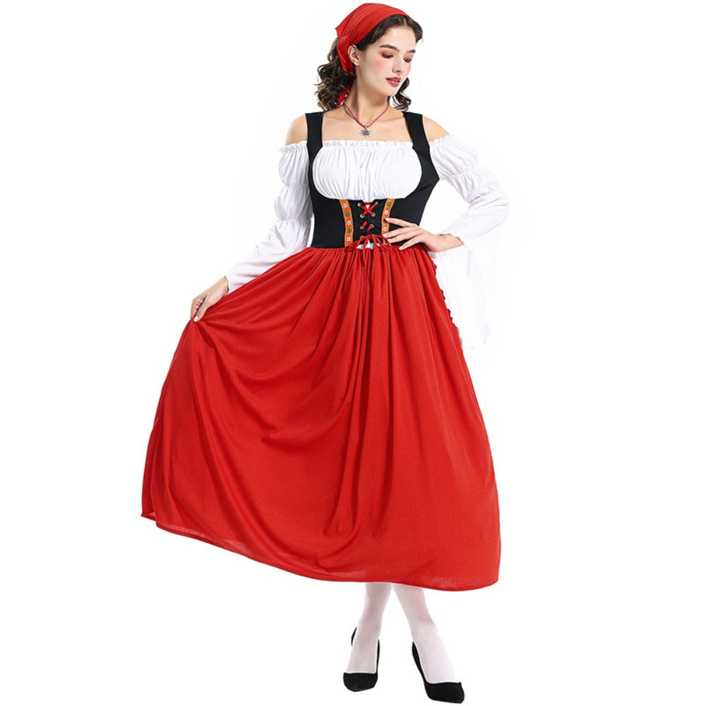 Women's Oktoberfest Dirndl Dress Set with Corset Bodice and Puff Sleeve Blouse
