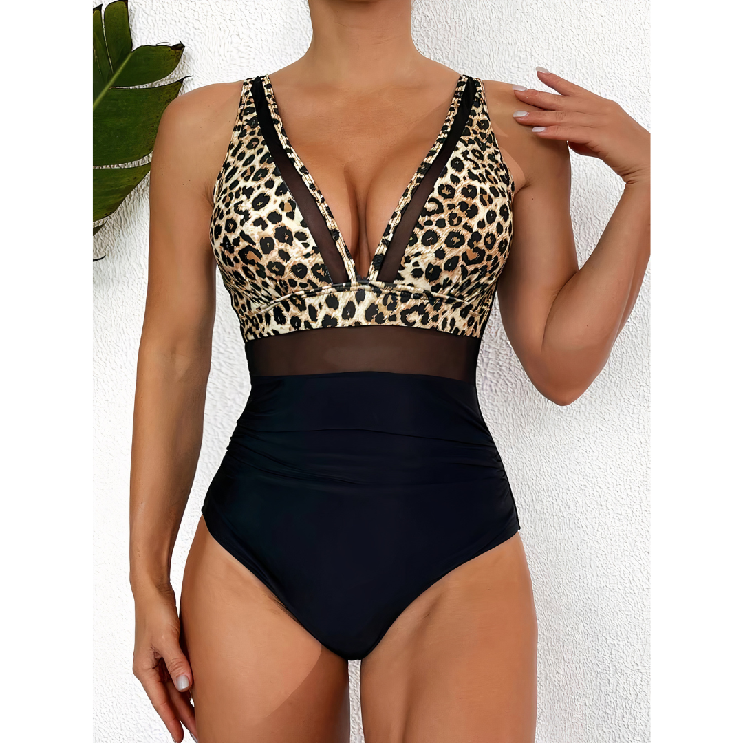 Women's One-Piece Swimsuit | Leopard Print & Mesh Waist Panel | Comfortable Fit