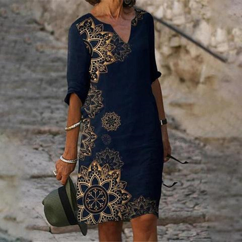 Women's Knee-Length Dress | Timeless V-Neck & 3/4 Sleeves | Polyester Fiber | All-Day Comfort