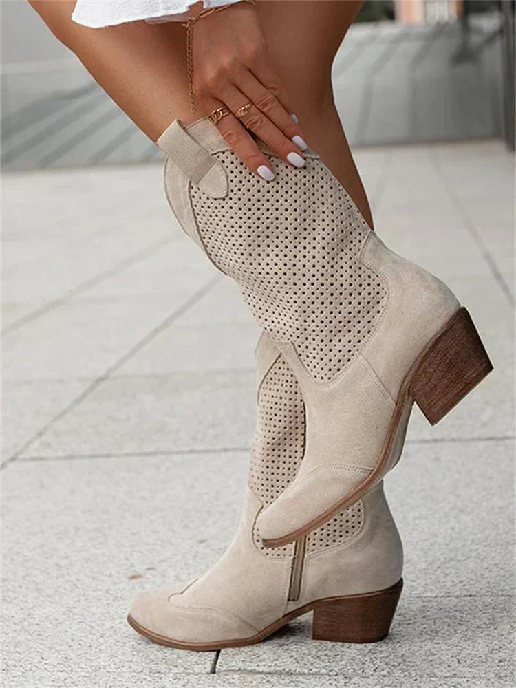 Women’s Leather Boots | Perforated Mid-Calf Western Style | Breathable Design & Stacked Heel | Comfortable All-Day Fit