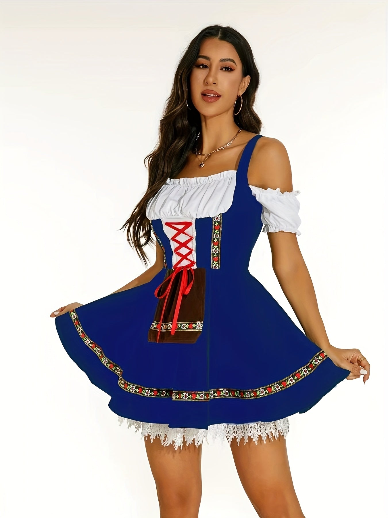 Women's Bavarian Oktoberfest Dress with Off-Shoulder Lace Trim and Floral Details