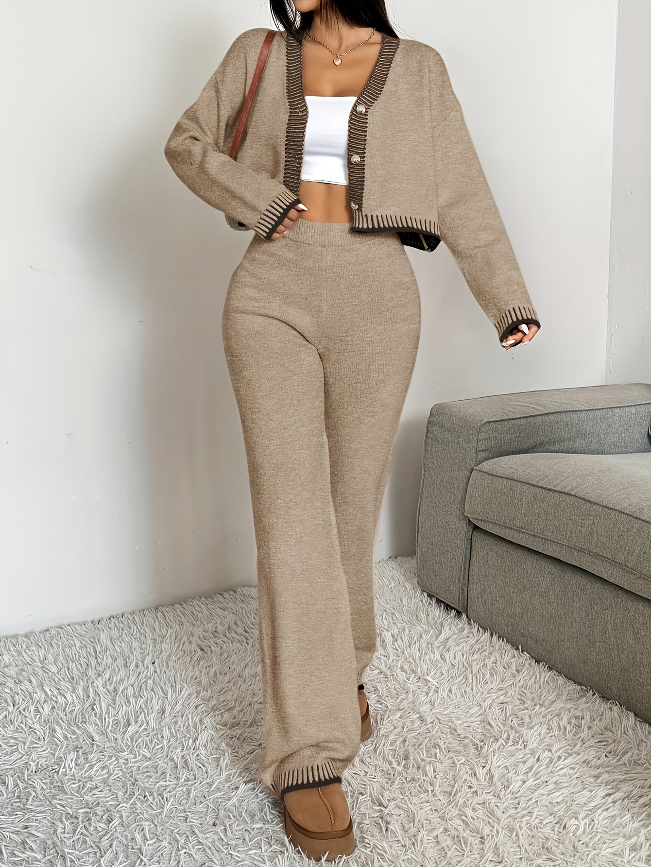 Women’s Knit Set | V-Neck Cardigan | Soft Breathable Comfort | Acrylic