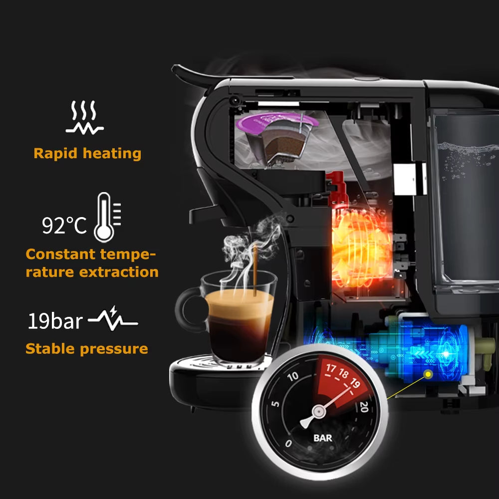 Multi-Function Coffee Maker | 19-Bar Brewing Pressure | Compatible with Nespresso & K-Cup | 25 Seconds Brew Time | 68dB