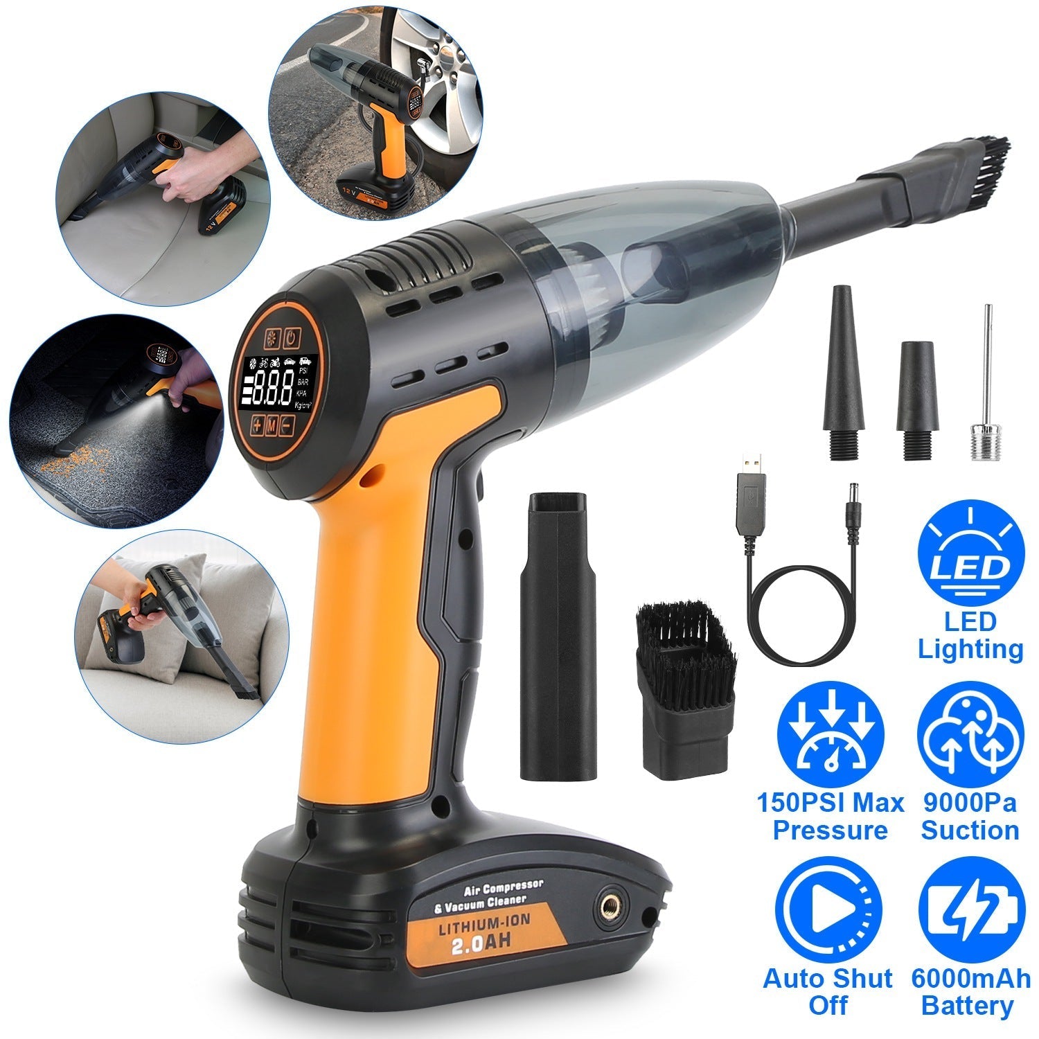 Cordless 4-in-1 Car Vacuum with Tyre Inflator, 9000Pa, 120W, 6000mAh, LED Light, Auto Shut-Off