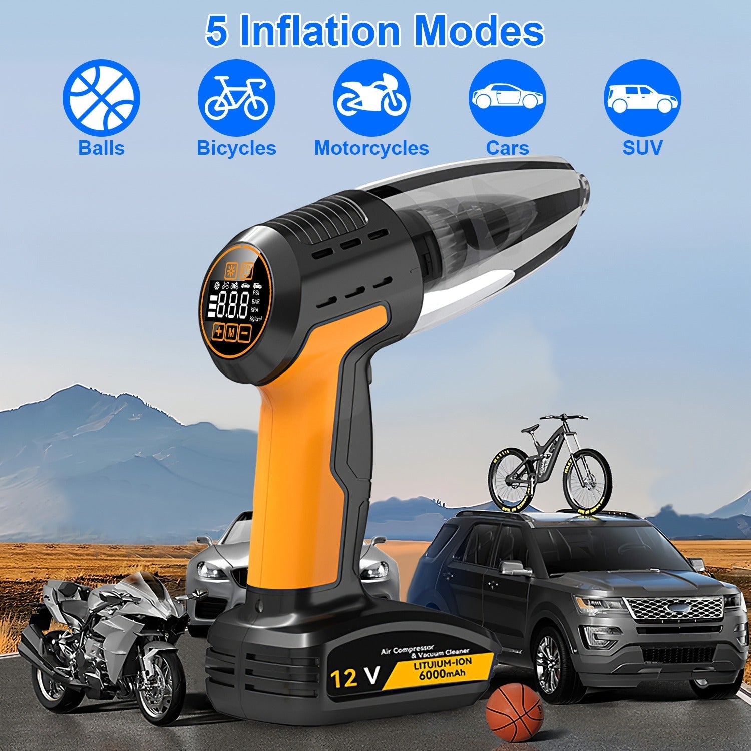 Cordless 4-in-1 Car Vacuum with Tyre Inflator, 9000Pa, 120W, 6000mAh, LED Light, Auto Shut-Off