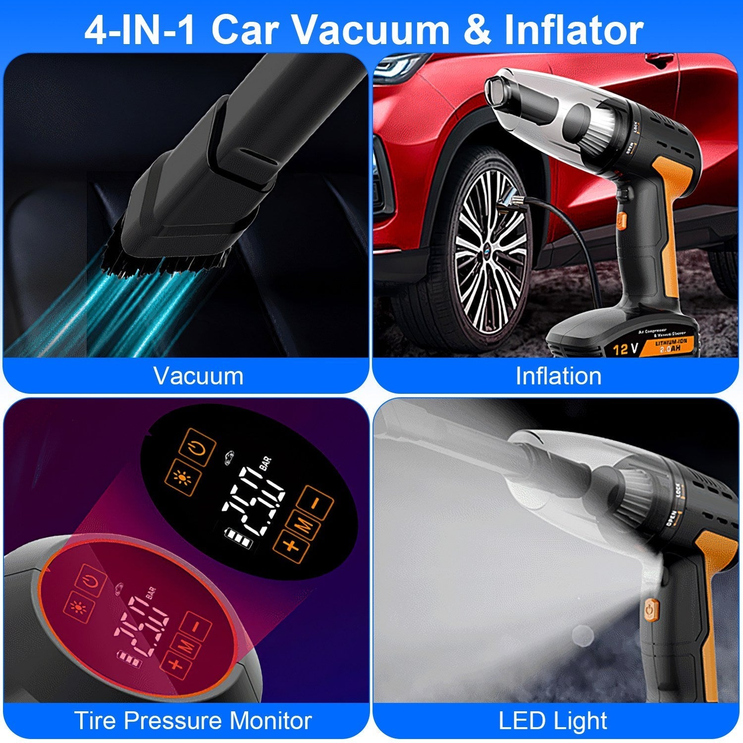 Cordless 4-in-1 Car Vacuum with Tyre Inflator, 9000Pa, 120W, 6000mAh, LED Light, Auto Shut-Off
