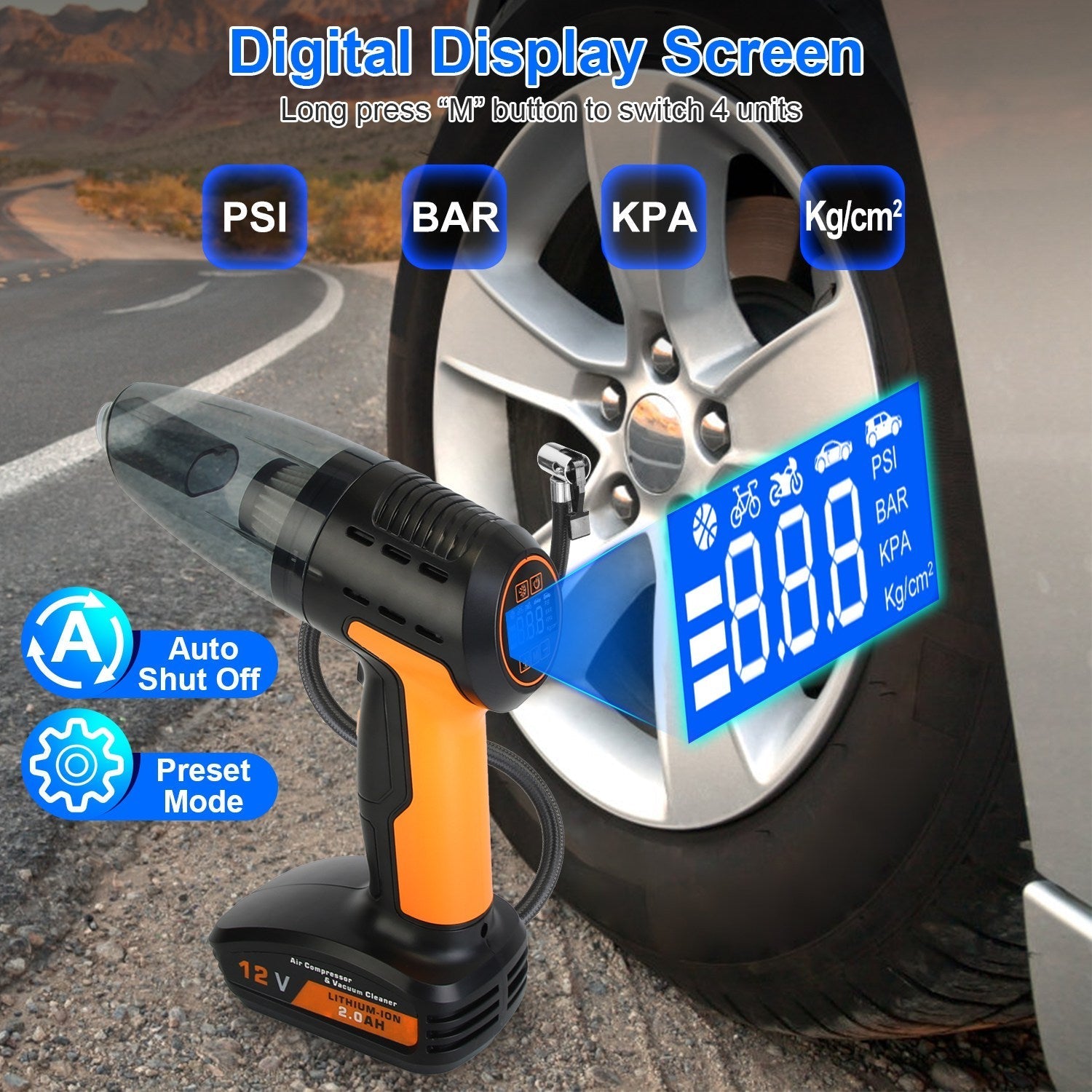 Cordless 4-in-1 Car Vacuum with Tyre Inflator, 9000Pa, 120W, 6000mAh, LED Light, Auto Shut-Off