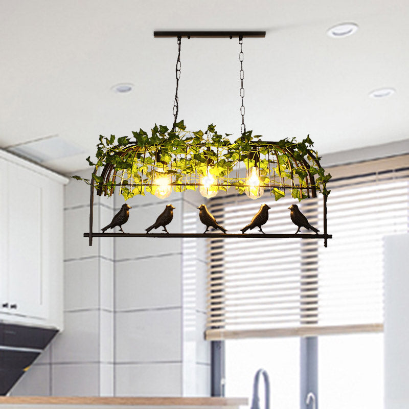 3-Light Industrial Black Metal Birdcage Island Ceiling Light Hanging Lamp with Plant Decoration
