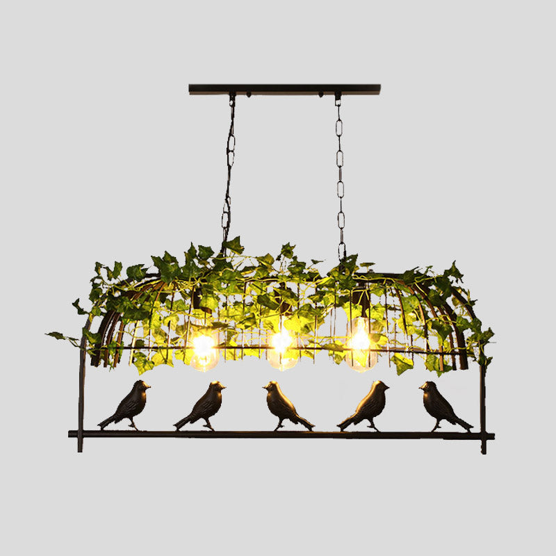 3-Light Industrial Black Metal Birdcage Island Ceiling Light Hanging Lamp with Plant Decoration