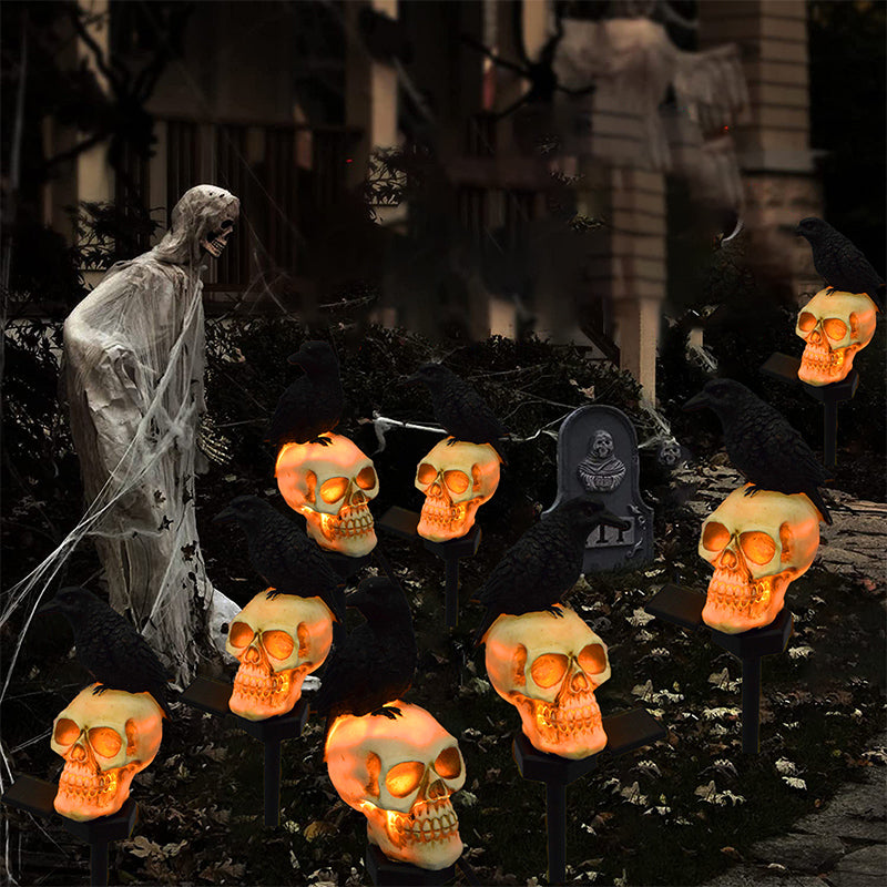 Solar-Powered Halloween Garden Skull and Crow Lights Outdoor Decor