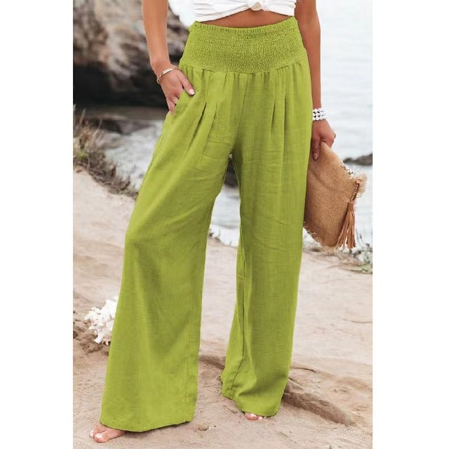 Women's High-Waisted Wide-Leg Palazzo Pants | Elastic Smocked Waist | 100% Polyester | Comfortable Fit