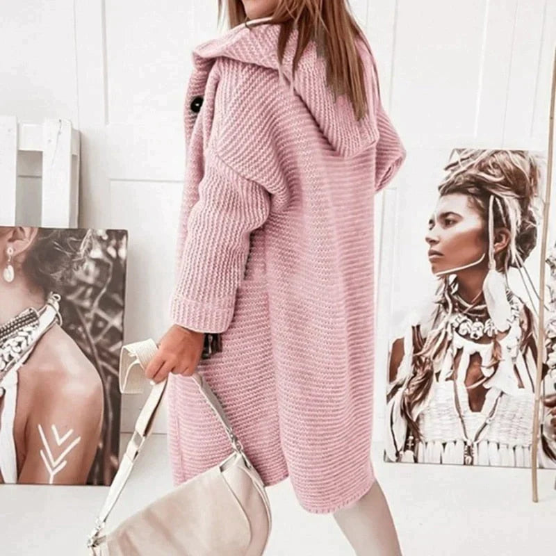 Women’s Hooded Long Knit Cardigan | Oversized Cozy Knit | Buttoned Front | Comfortable Fit