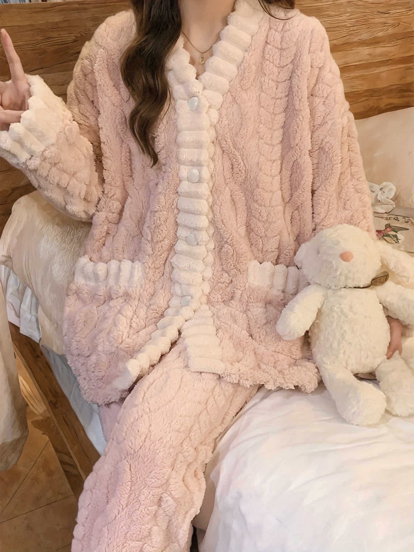 Fleece Lounge Set | V-Neck Button Top | Cozy Winter Warmth | Polyester