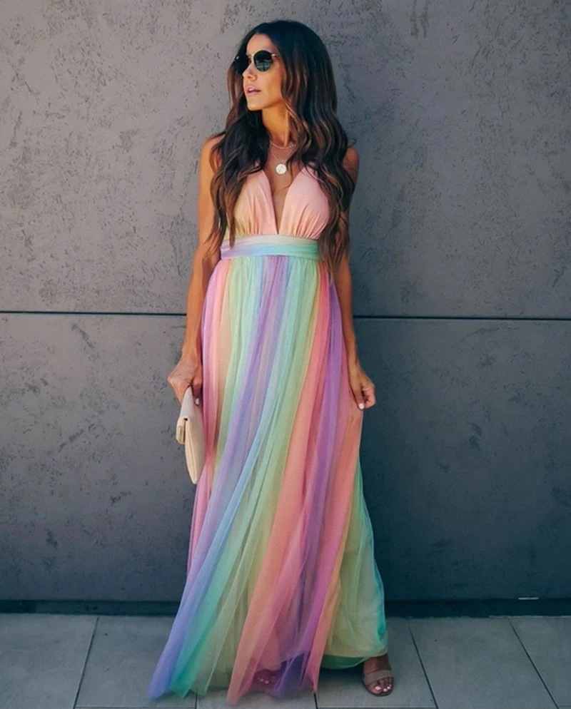 Women's Maxi Dress | Vibrant Rainbow Design | Layered Sheer Overlay | Comfortable Fit