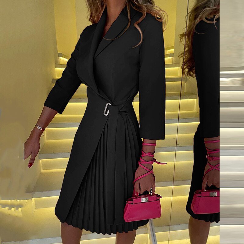 Women's Blazer Dress | Notched Collar & Wrap Front | Polyester Fabric | Adjustable Waist Belt