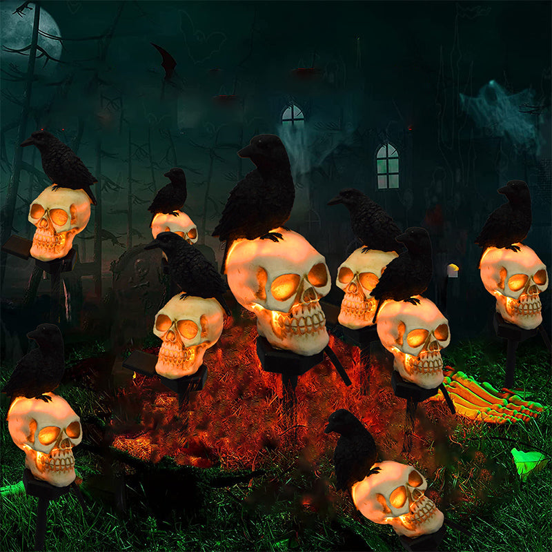 Solar-Powered Halloween Garden Skull and Crow Lights Outdoor Decor