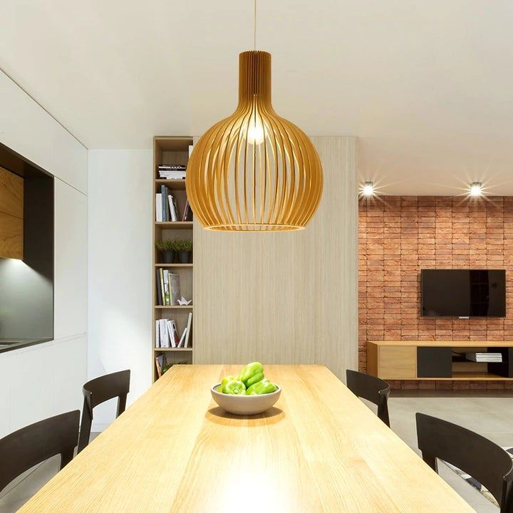 Handcrafted Wooden Pendant Light | Sustainable Wood Sphere Design | Adjustable Hanging Height | Warm Ambient Glow