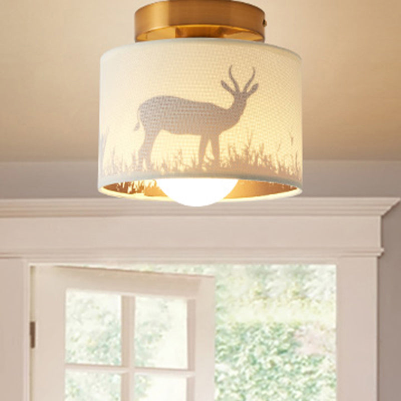 1 Bulb Fabric Cylinder Flush Mount Ceiling Light with Flower/Deer Pattern Nordic Fixture for Foyer - Modern Semi-Flush Mount Design, White