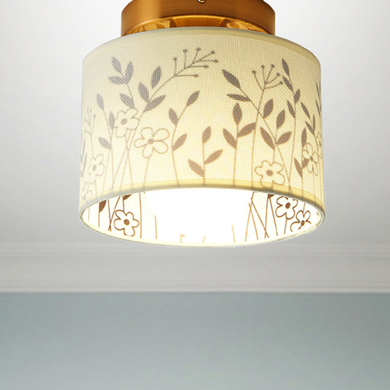 1 Bulb Fabric Cylinder Flush Mount Ceiling Light with Flower/Deer Pattern Nordic Fixture for Foyer - Modern Semi-Flush Mount Design, White