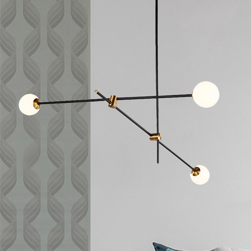 Modernist Exposed Ceiling Lamp Metallic 2/3 Lights Living Room Black Pendant Lighting with Opal Glass Ball Shade Clearhalo 'Ceiling Lights' 'Chandeliers' 'Modern Chandeliers' 'Modern' Lighting' 113018