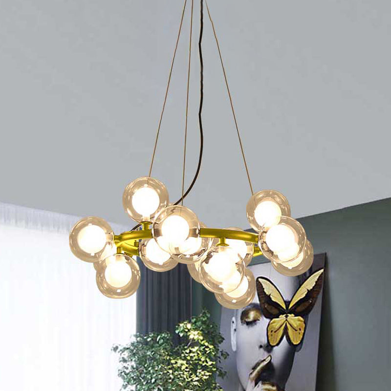 Global Shade Ceiling Light Fixture Modernist Glass 15/25 Bulbs Black/Gold Finish Chandelier Lamp with Metal Ring 25 Black Clearhalo 'Ceiling Lights' 'Chandeliers' 'Glass shade' 'Glass' 'Modern Chandeliers' 'Modern' Lighting' 438436