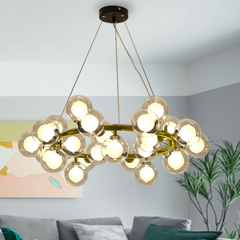 Global Shade Ceiling Light Fixture Modernist Glass 15/25 Bulbs Black/Gold Finish Chandelier Lamp with Metal Ring Clearhalo 'Ceiling Lights' 'Chandeliers' 'Glass shade' 'Glass' 'Modern Chandeliers' 'Modern' Lighting' 678881