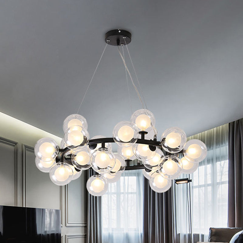 Global Shade Ceiling Light Fixture Modernist Glass 15/25 Bulbs Black/Gold Finish Chandelier Lamp with Metal Ring 15 Black Clearhalo 'Ceiling Lights' 'Chandeliers' 'Glass shade' 'Glass' 'Modern Chandeliers' 'Modern' Lighting' 202521