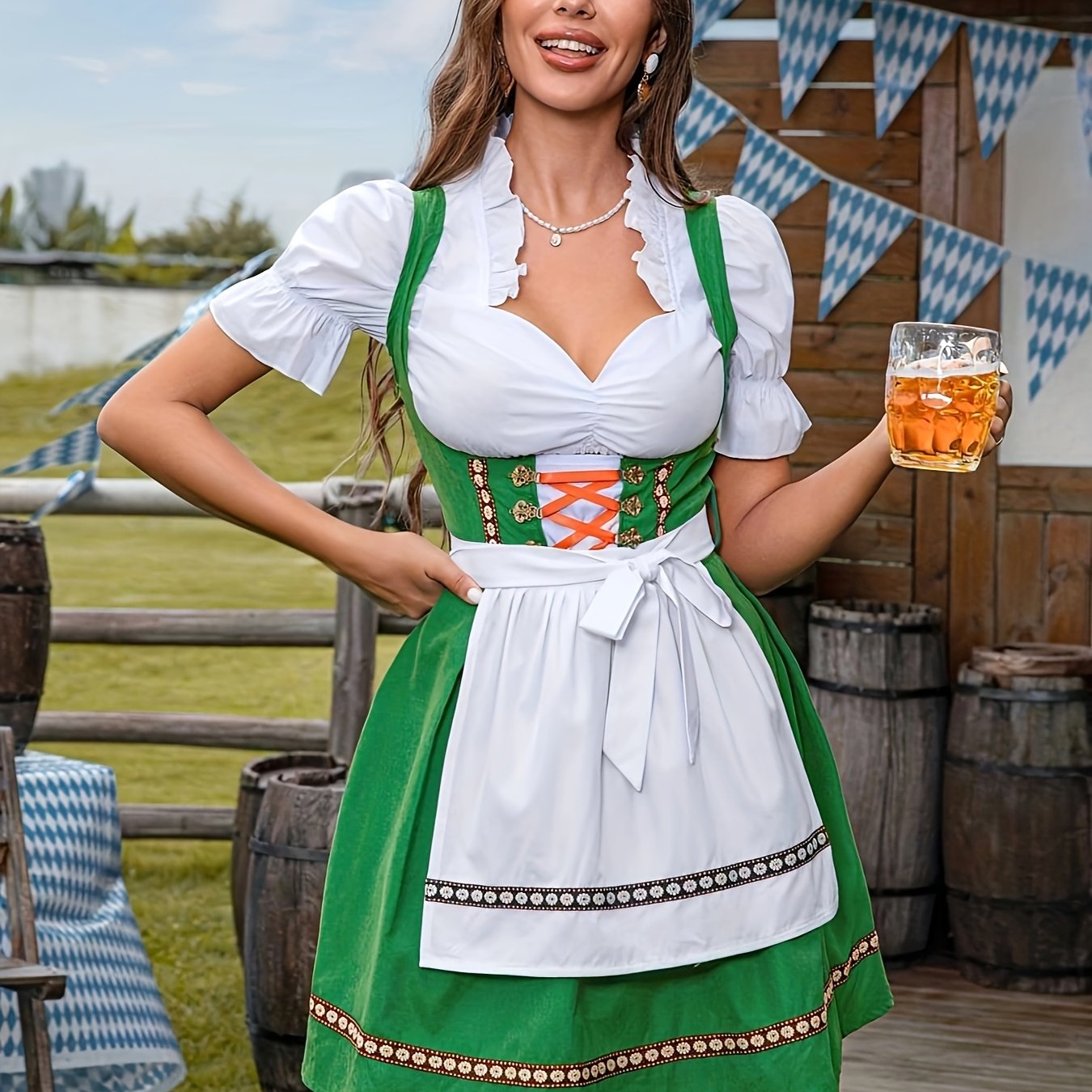 Women's Oktoberfest Dirndl Dress Set with Lace-Up Bodice and Apron