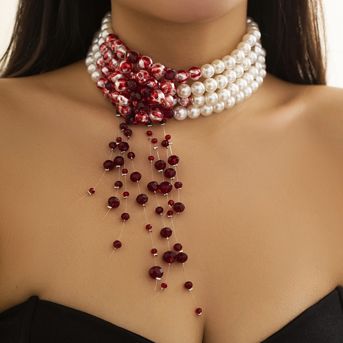 Halloween Dark Pearl Necklace with Blood Drop Design