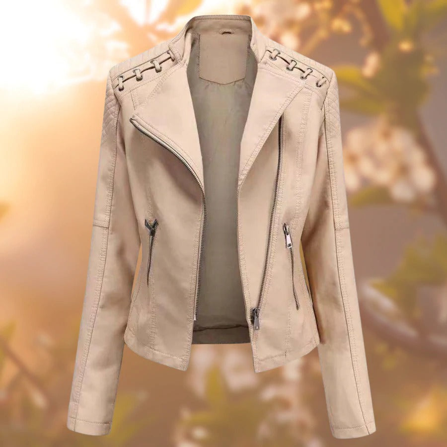 Women’s PU Leather Biker Jacket | Shoulder Lace-Up Detail | Asymmetric Zipper | Wind-Resistant Outerwear
