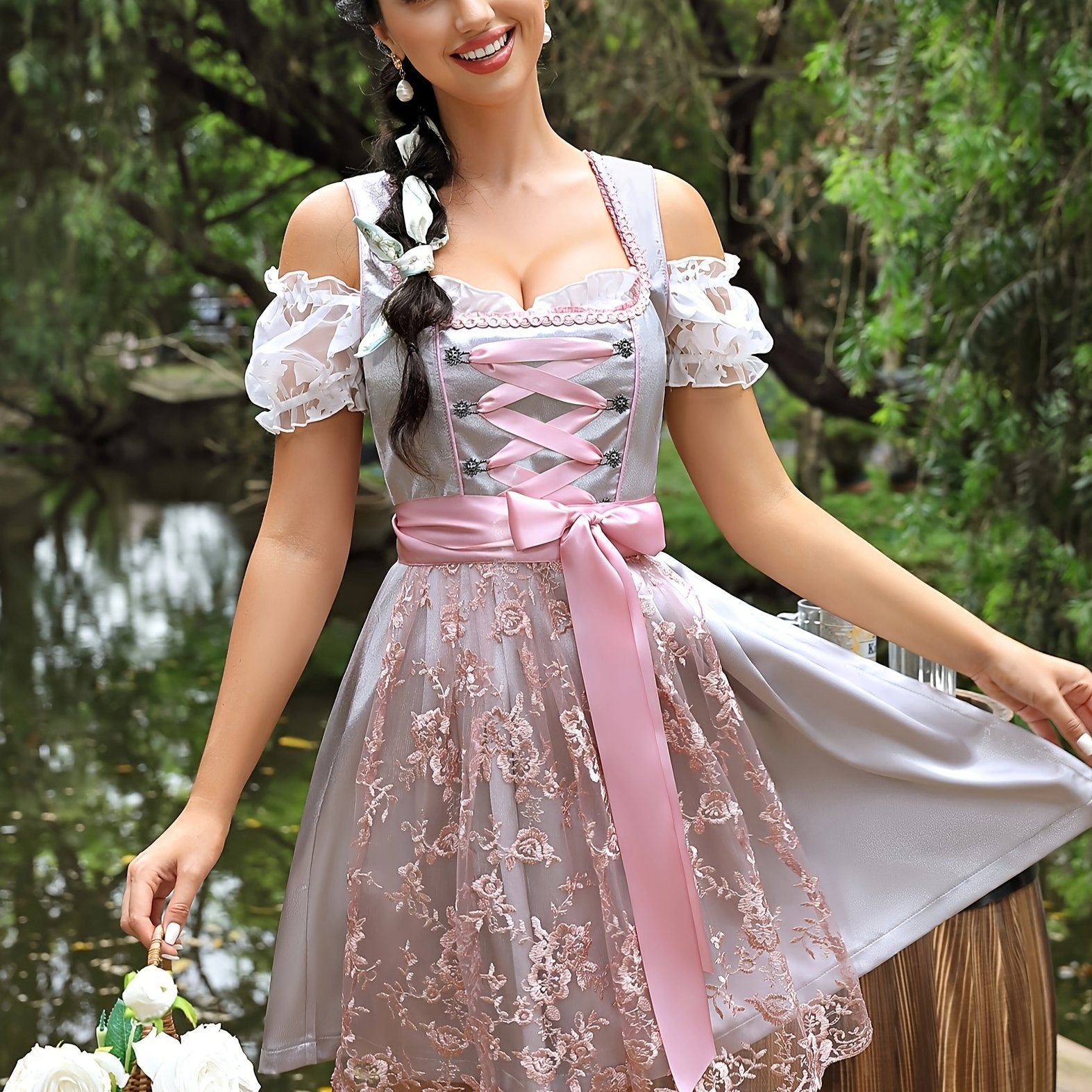 Women's Oktoberfest Dirndl Dress Set with Lace & Satin Accents