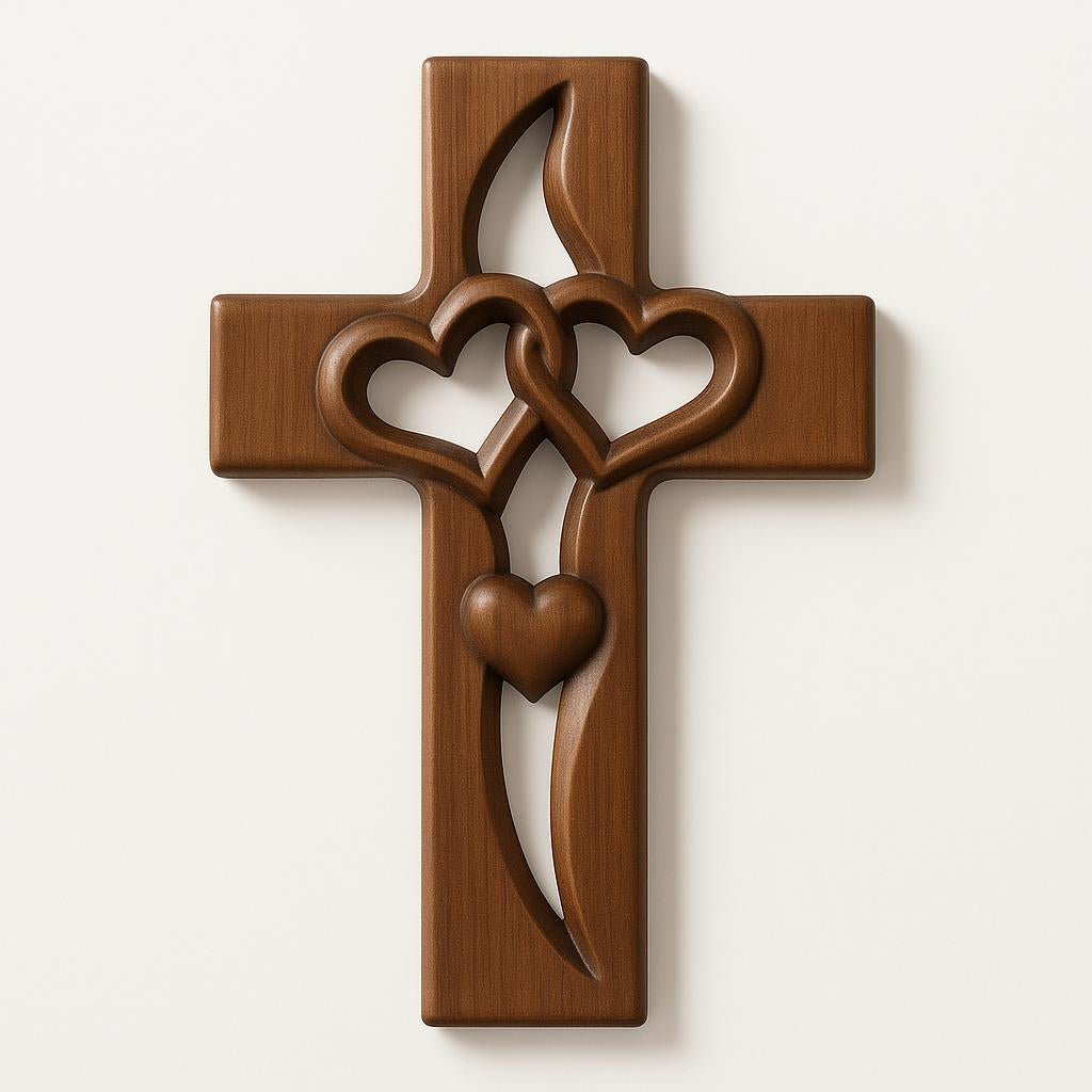 Wall Art Featuring Interwoven Hearts in Wood Cross Design