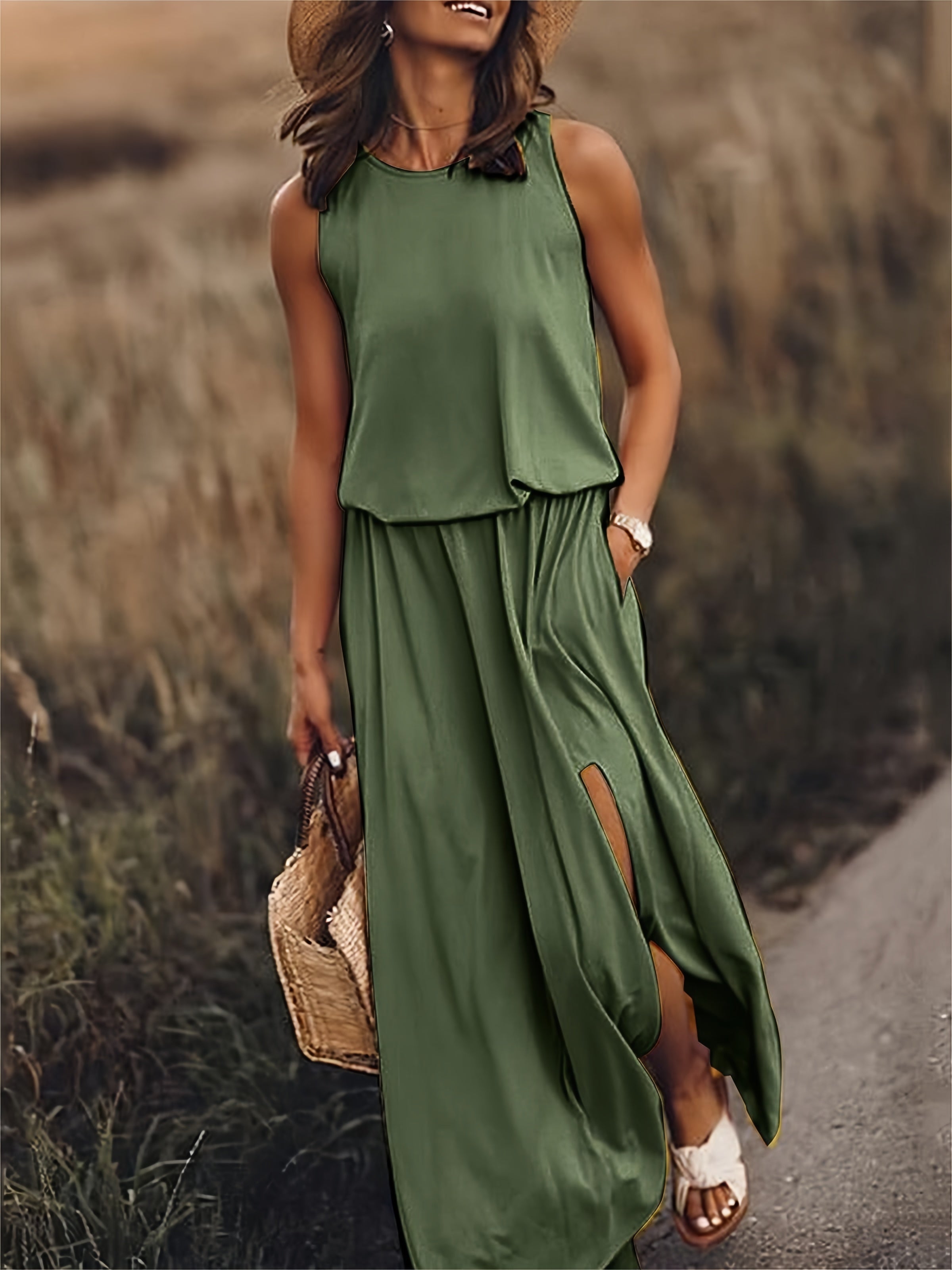 Women’s Maxi Dress | Boho Style with Draped Overlay & Side Slits | Polyester Blend | Comfortable Fit
