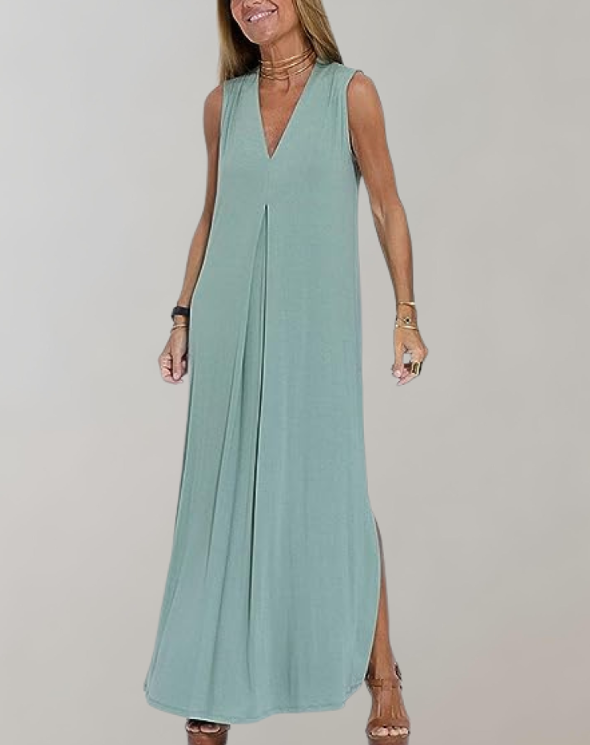 Women’s Maxi Dress | Slimming V-Neck with Draped Pleat | Breathable Cotton | Comfortable Fit