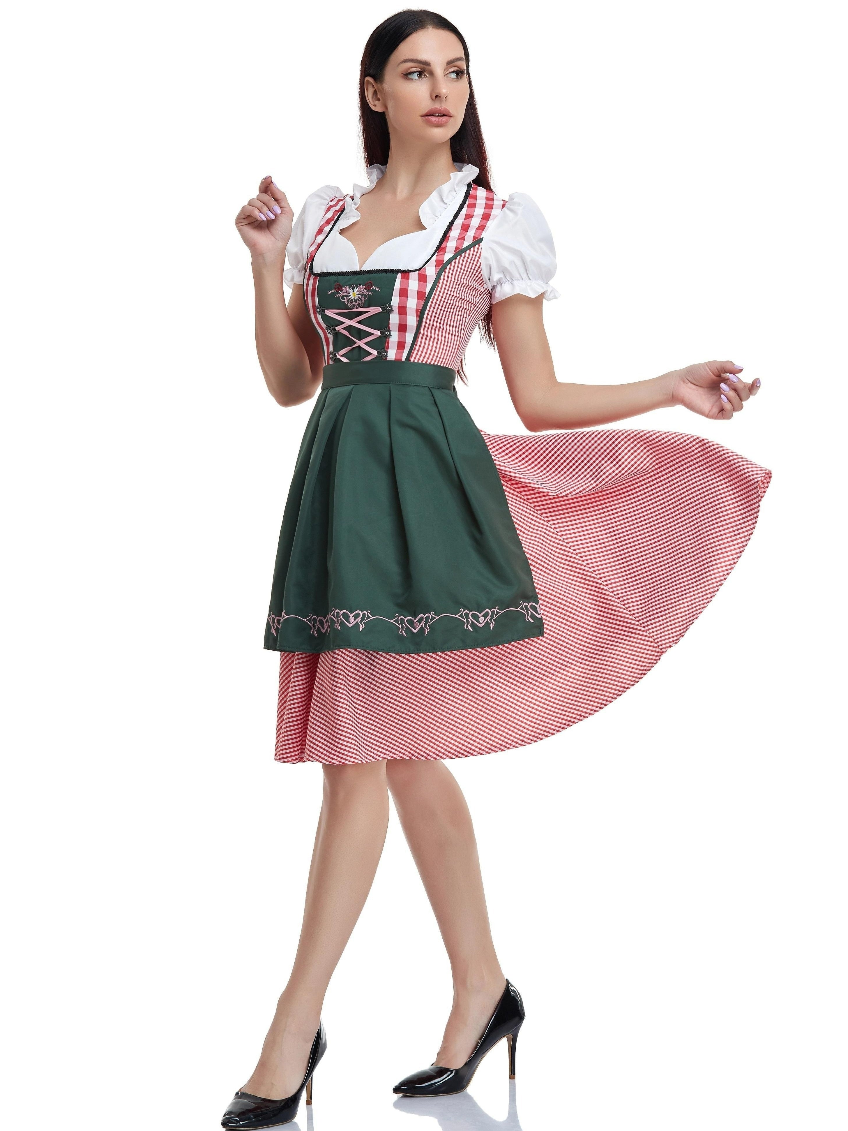 Women's Oktoberfest Plaid Gingham Dress with Lace-Up Back and Apron