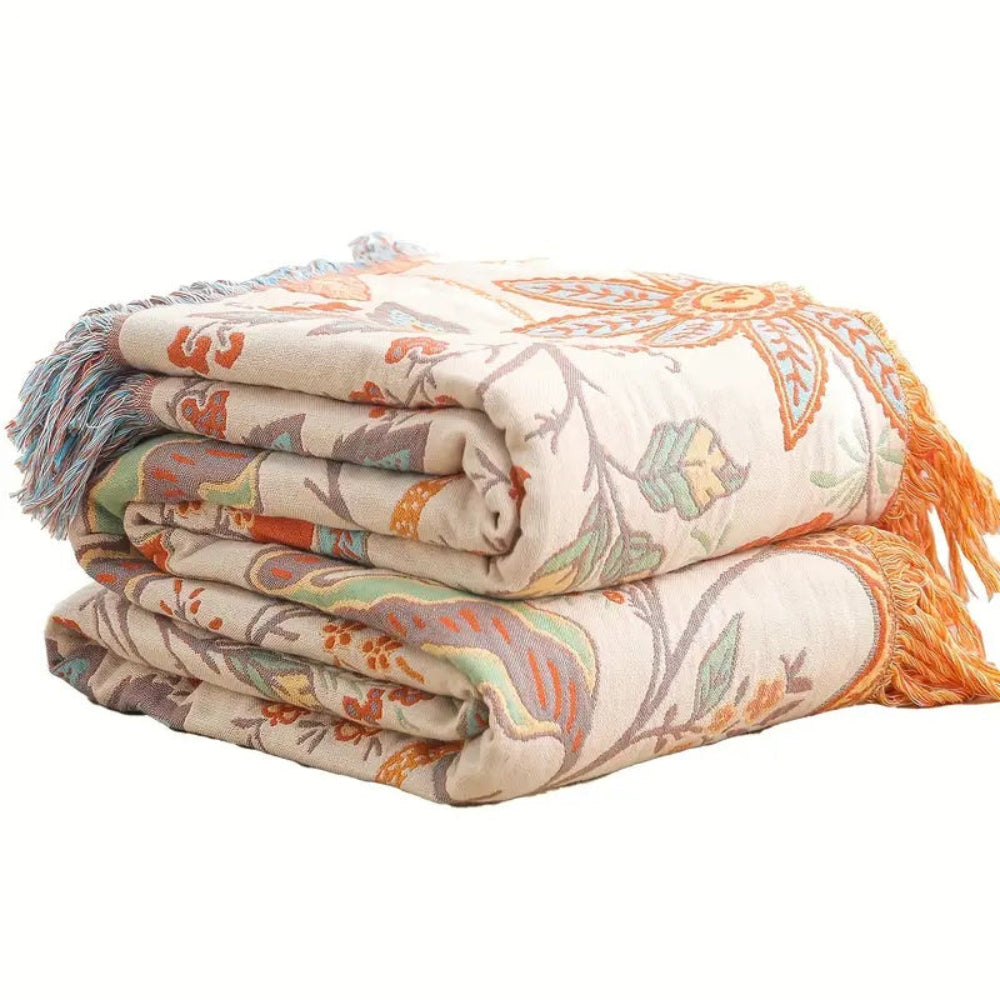 Melara — Soft Cotton Boho Floral Throw Blanket with Fringed Edges
