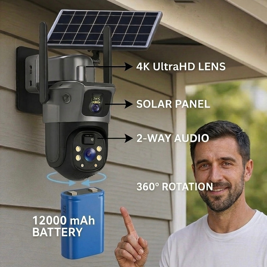 360° View Solar Security Camera with Dual Lens and 10x Zoom, IP66, 12000mAh, Two-Way Audio