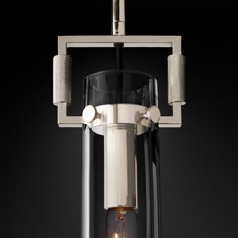 Lorian Glass Cylinder Pendant — Industrial Brass and Glass Lighting Fixture