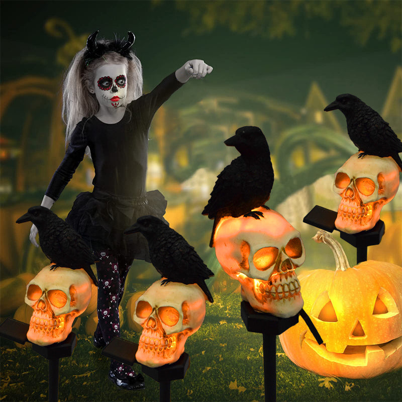 Solar-Powered Halloween Garden Skull and Crow Lights Outdoor Decor