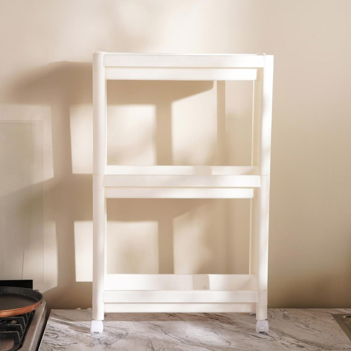 Slim Rolling Kitchen Organizer with Three Shelves, White