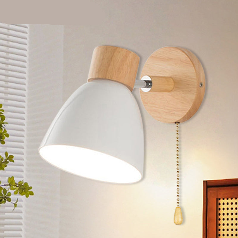 Wall Lamp | Scandinavian Wooden Shade | Metal Construction & Pull Switch | Space-Saving Design