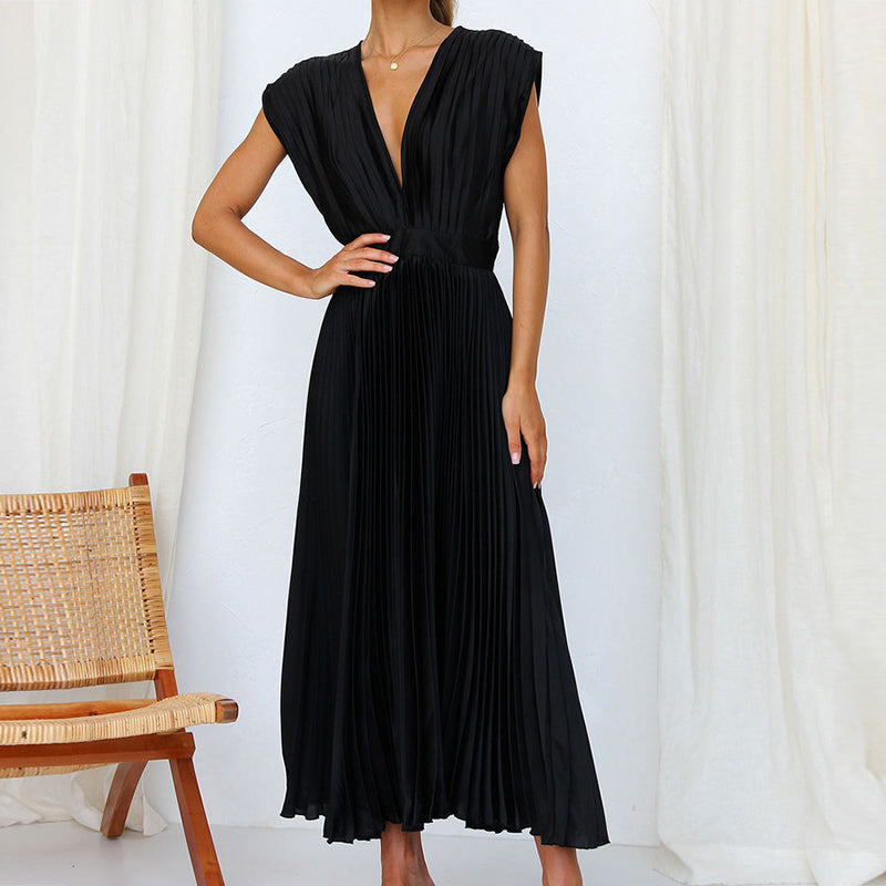 Women's Pleated V-Neck Midi Dress | Adjustable Back Tie | Breathable Fabric | Versatile Style